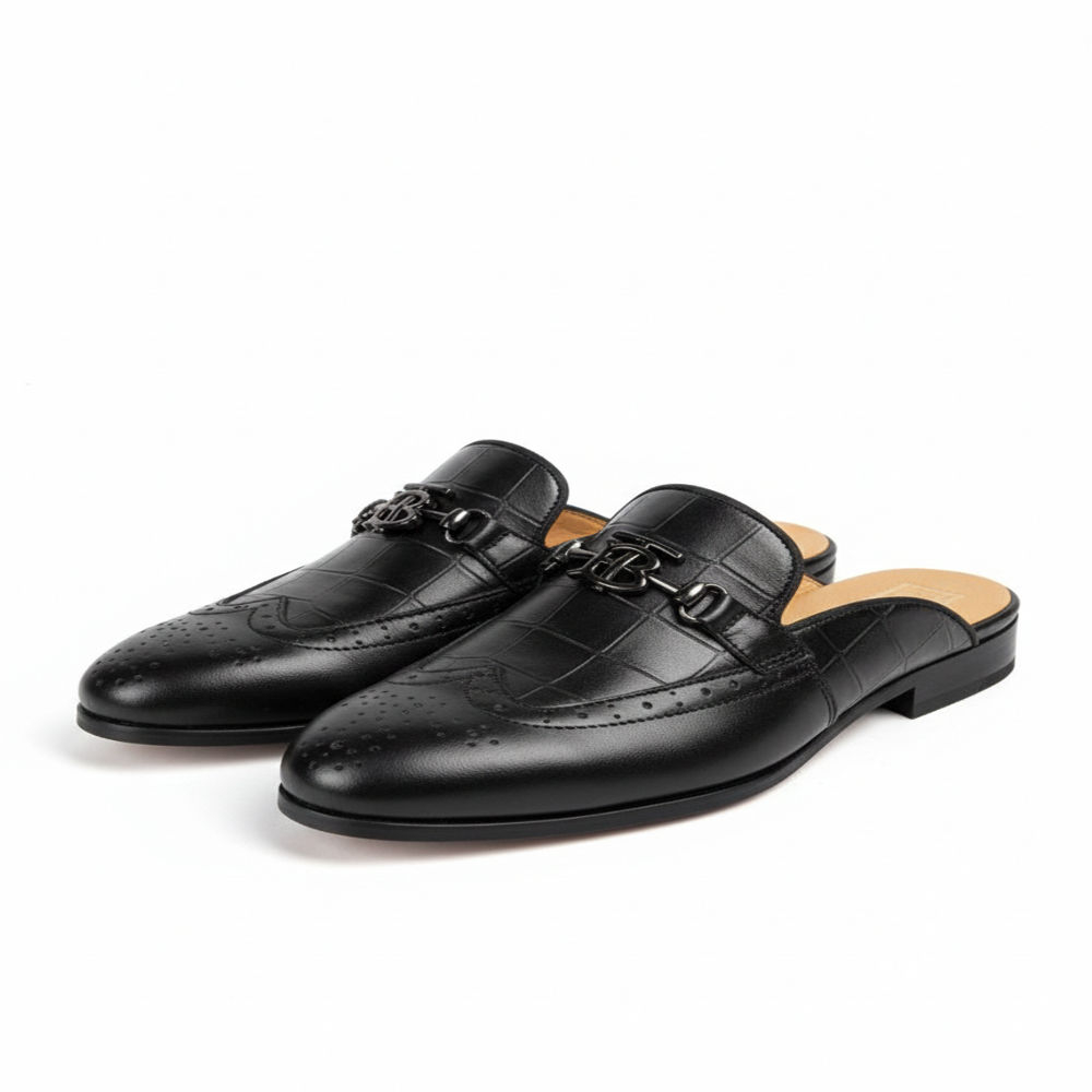 Black Leather Slip On Mule Shoe with Crocodile Pattern and Brogue Design